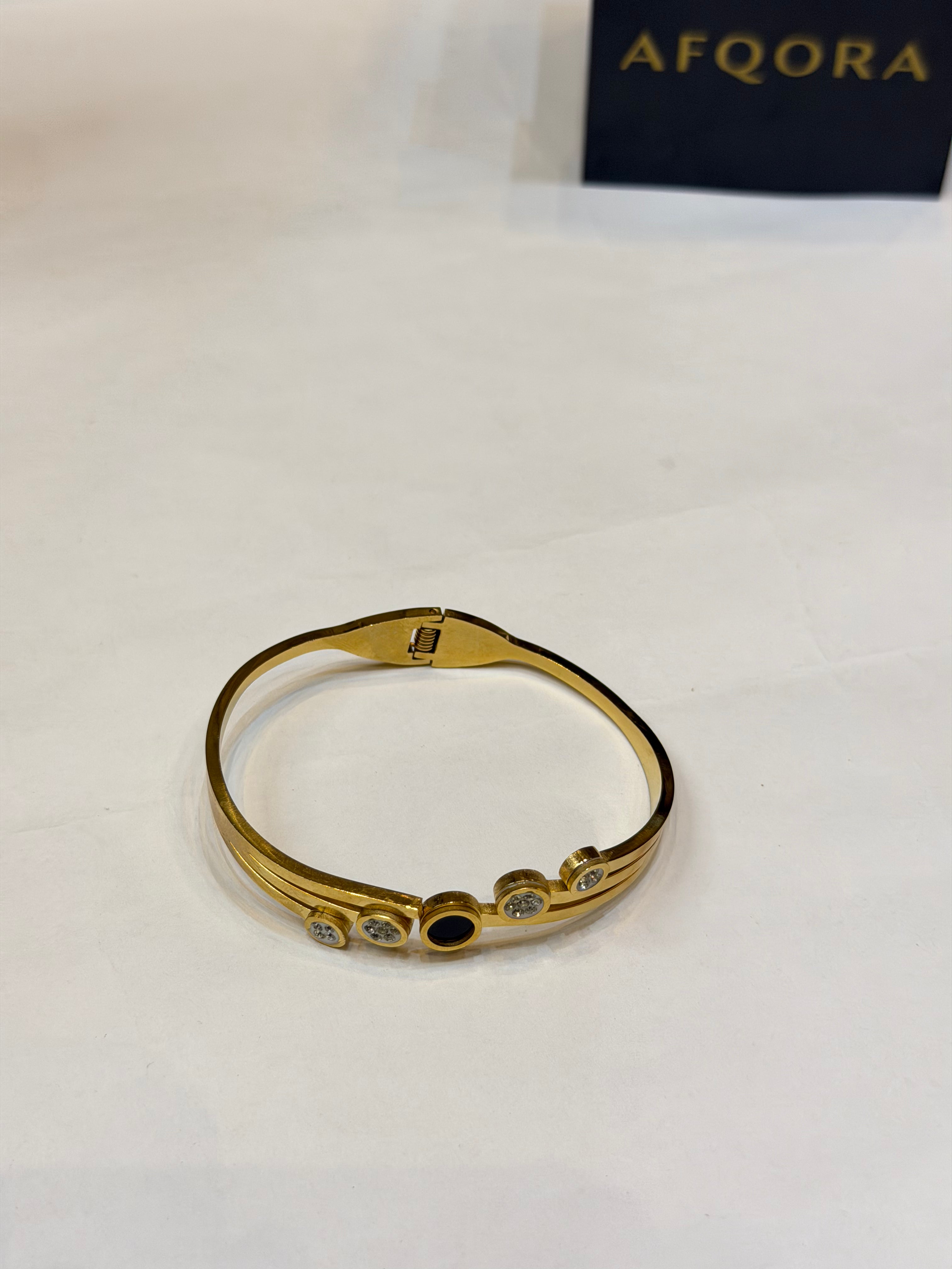 Crystal & Black Circular Accent Open Cuff Bangle